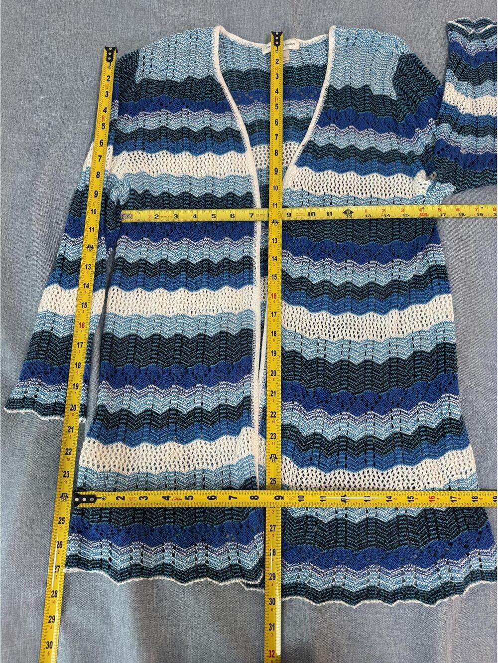 Blue Stripe Open Knit Cardigan Sweater Medium Coastal Boho USA - Picture 5 of 6
